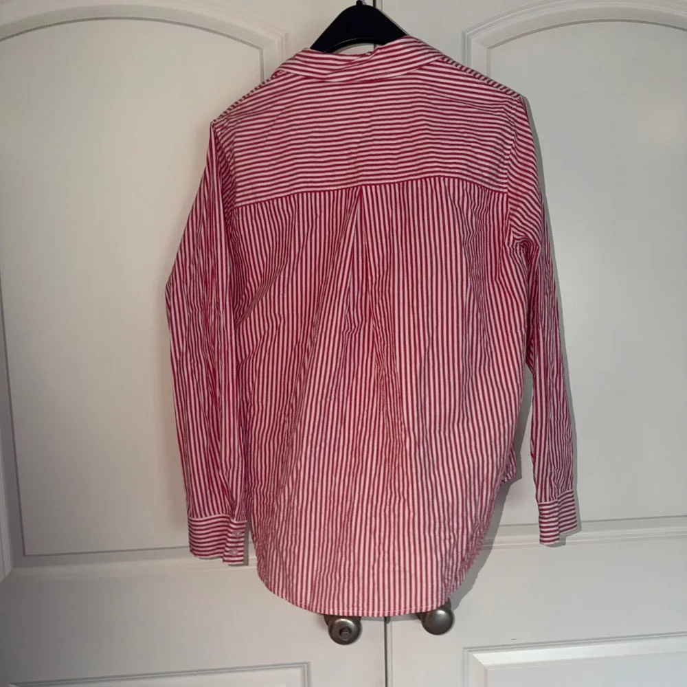 Evereve Womens Red White Striped Cotton Button Down Shirt Long Sleeve Size L
